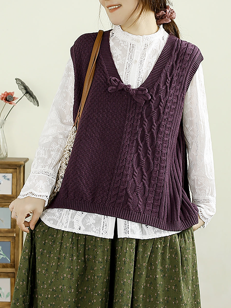 Women Autumn Solid Knitted V-Neck Cotton Vest