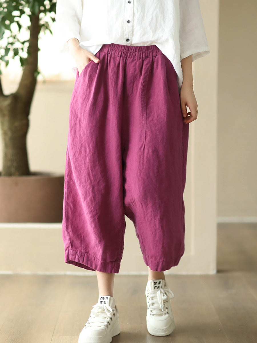 Women Summer Retro Solid Linen Loose Harem Pants