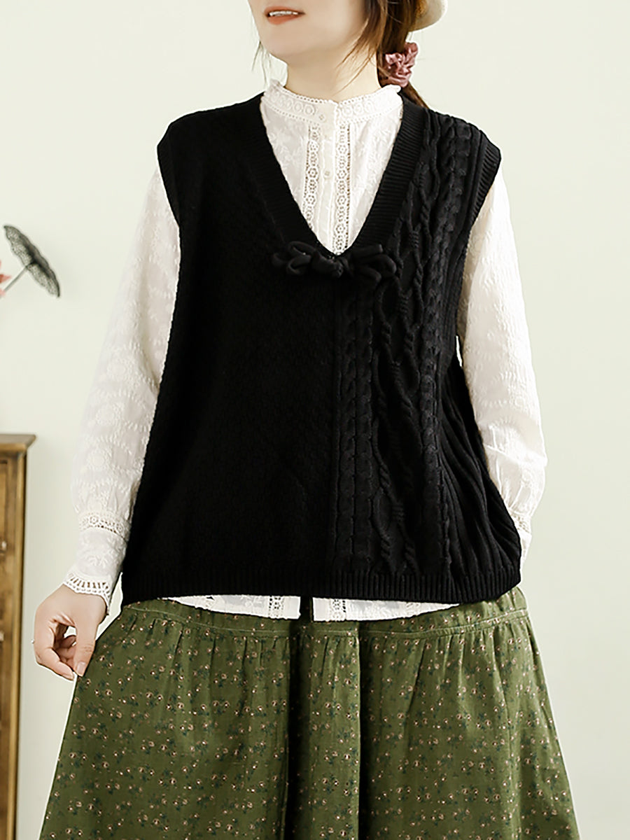 Women Autumn Solid Knitted V-Neck Cotton Vest