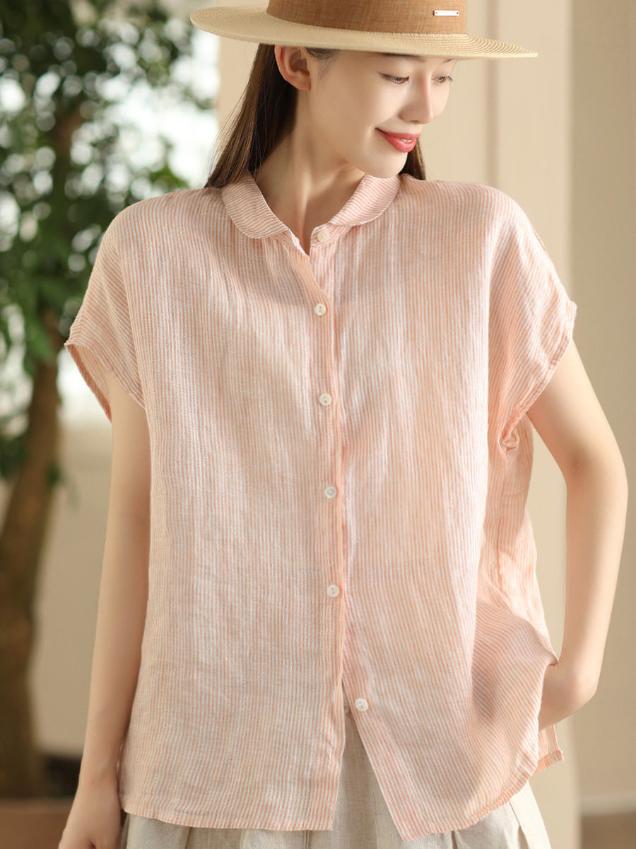 Women Summer Artsy Stripe Button-up Linen Shirt