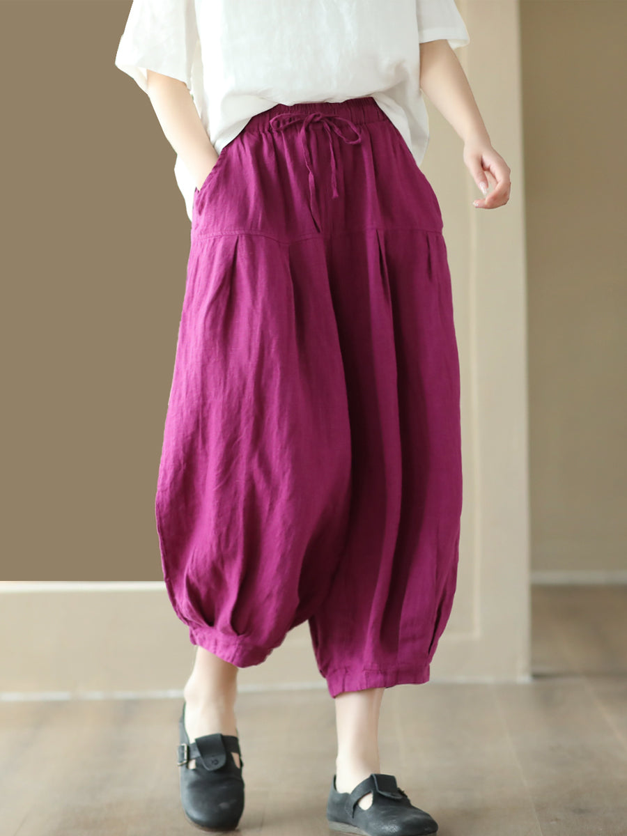 Plus Size Women Summer Solid Pocket Pleat Drawstring Harem Pants