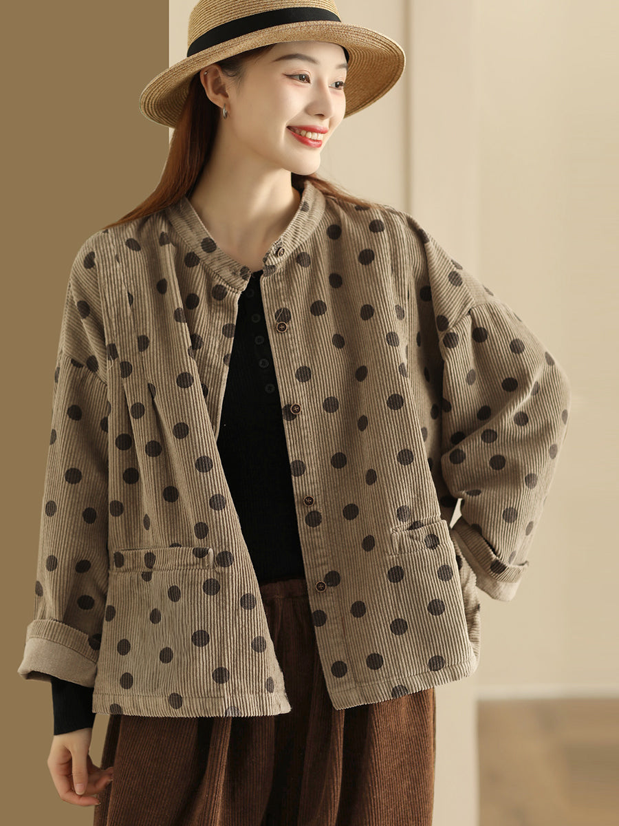 Plus Size Retro Dot Croduroy Stand Collar Shirt Coat