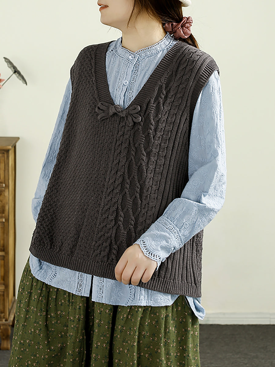 Women Autumn Solid Knitted V-Neck Cotton Vest