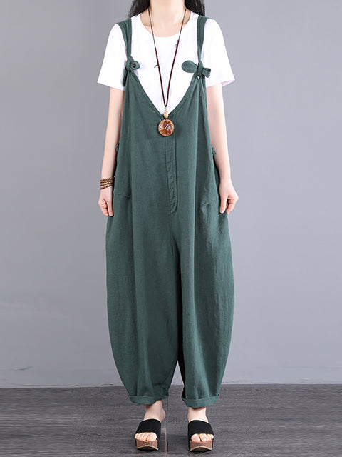 Plus Size Women Vintage Knot V-Neck Ramie Loose Jumpsuits