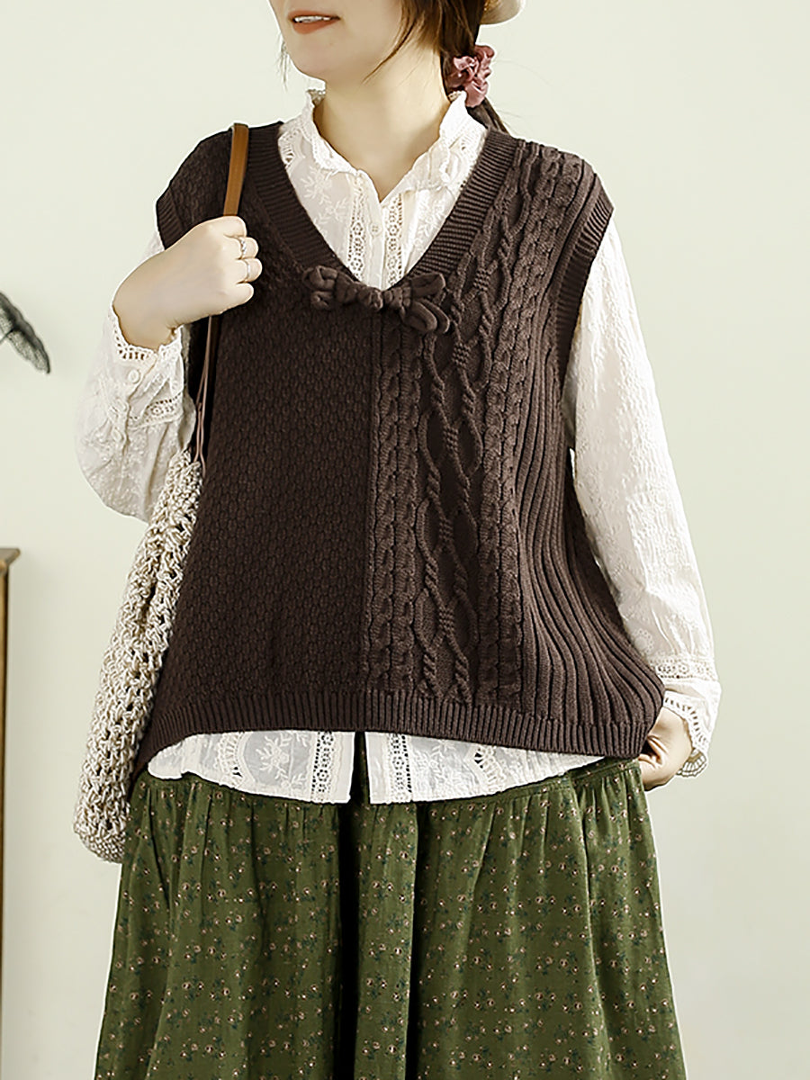 Women Autumn Solid Knitted V-Neck Cotton Vest