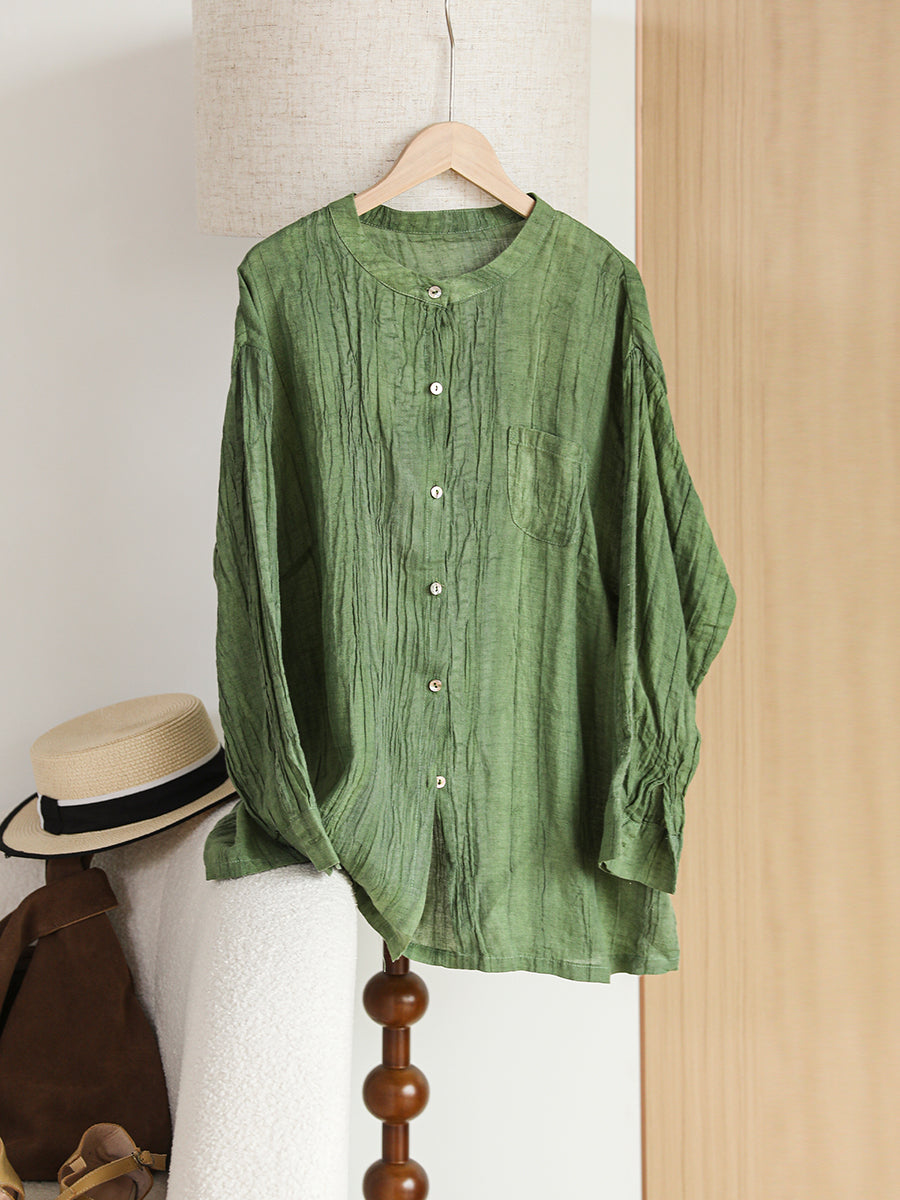 Women Autumn Artsy Shirred Button-up Ramie Shirt