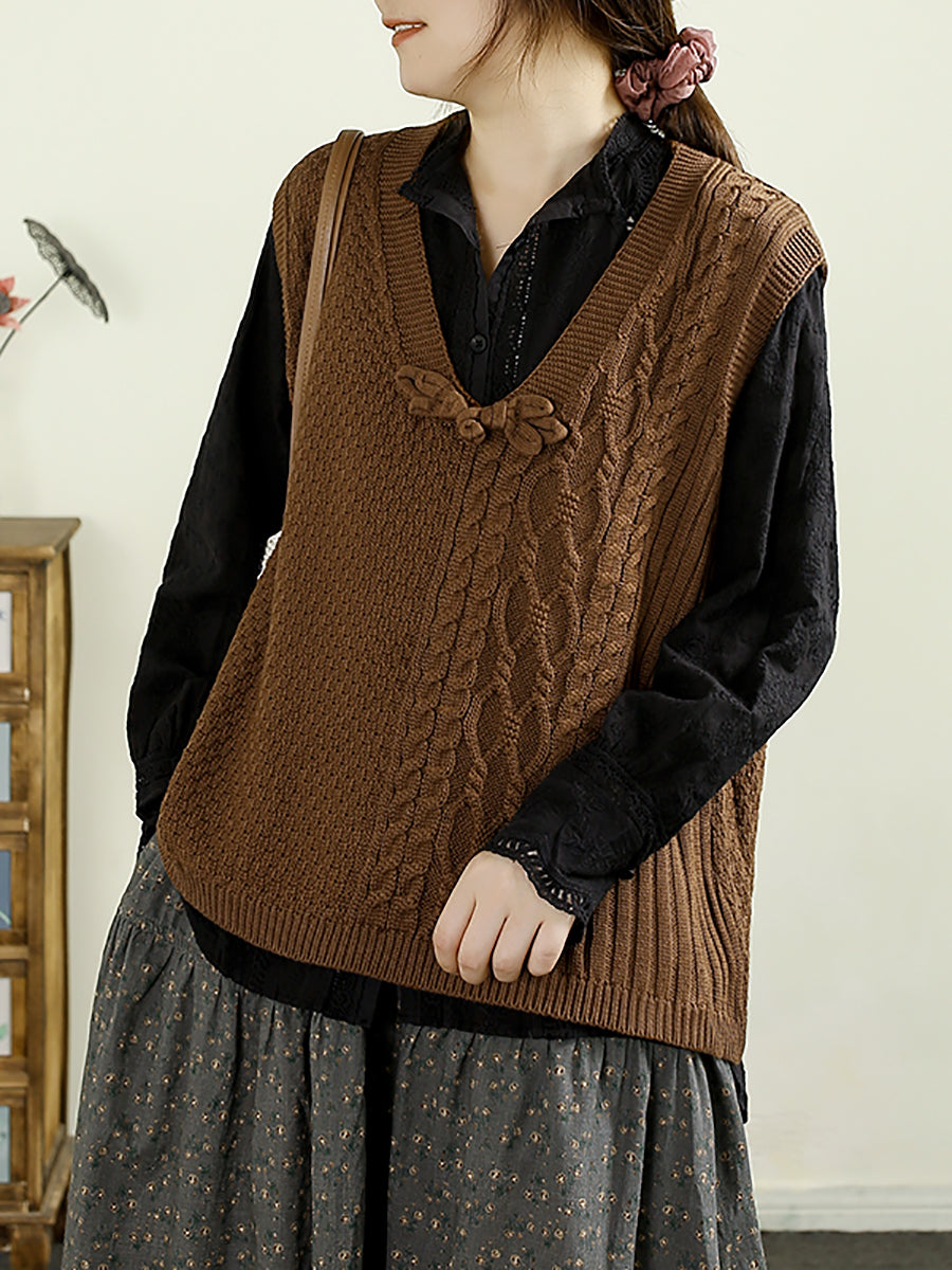 Women Autumn Solid Knitted V-Neck Cotton Vest