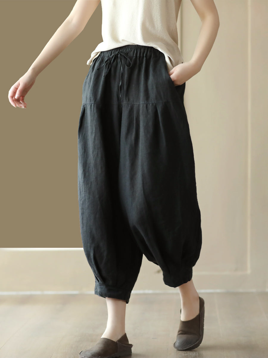 Plus Size Women Summer Solid Pocket Pleat Drawstring Harem Pants