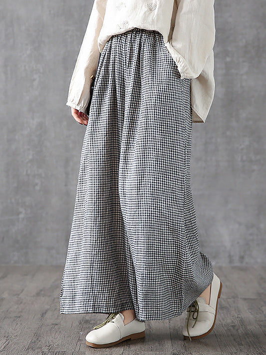 Plus Size Women Casual Plaid Linen Cotton Wide-Leg Pants