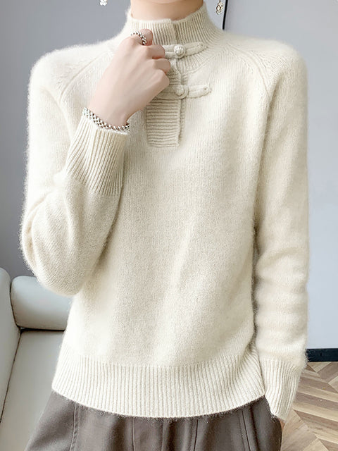 Women Retro Solid Winter Wool Half-Turtleneck Sweater