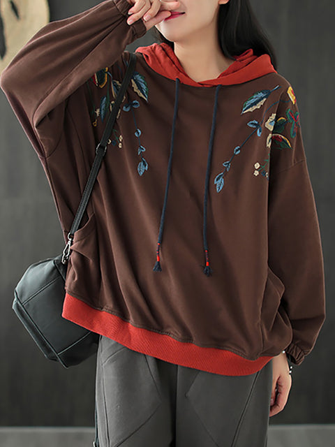 Plus Size Women Autumn Leaf Hooded Colorblock 100%Cotton Sweatshirt