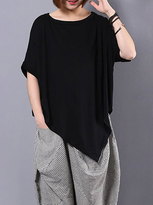 Plus Size Women Irregular Loose 100% Cotton T-Shirt