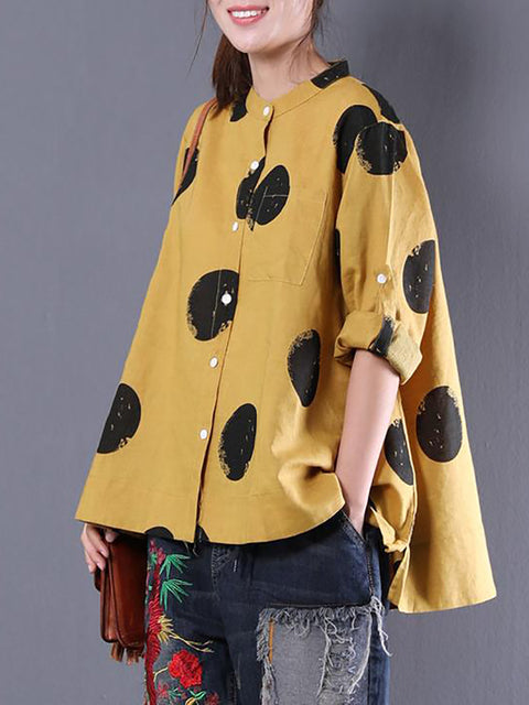 Plus Size Loose Dots Long Sleeve Cotton Linen Shirt