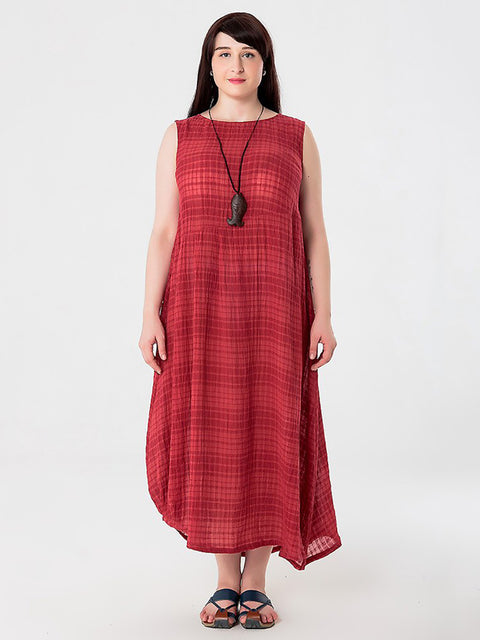 Plus Size Women Summer Plaid Cotton Linen Vest Dress