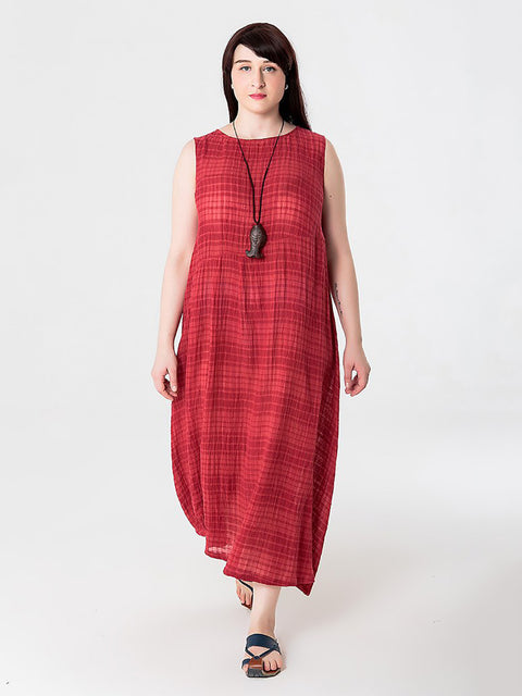 Plus Size Women Summer Plaid Cotton Linen Vest Dress