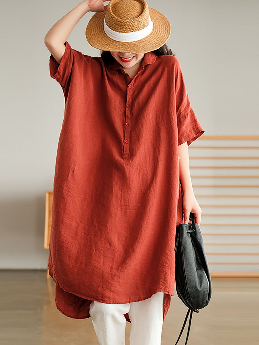 Plus Size Linen Women Casual Pure Color Split Shirt