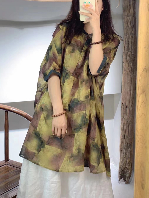 Women Summer Vintage Tie-dye Button Ramie Long Shirt