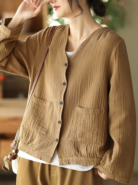 Women Solid Casual Pocket Button Loose Shirt Coat