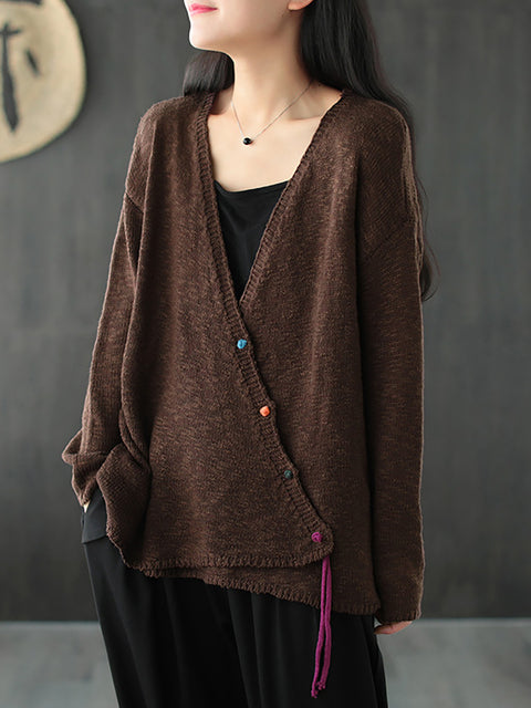 Plus Size - Women Knitted Retro Pure Color V-neck Sweater Coat