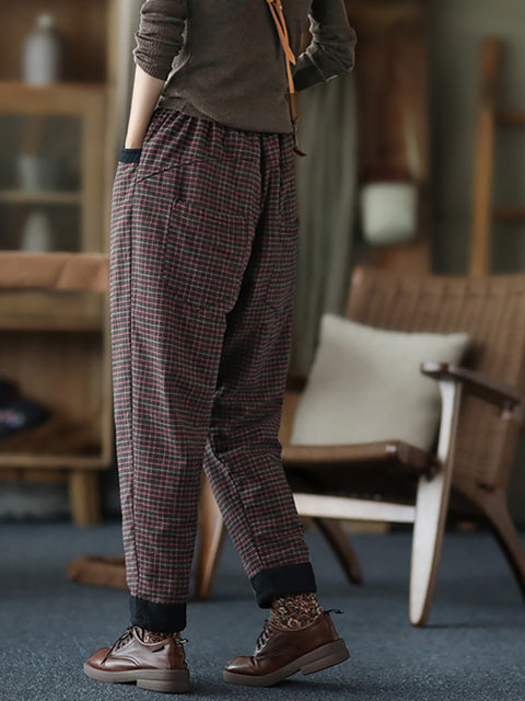 Plus Size Women Cotton Linen Plaid Elastic Waist Pants