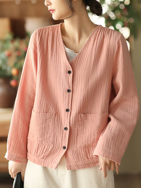 Women Solid Casual Pocket Button Loose Shirt Coat