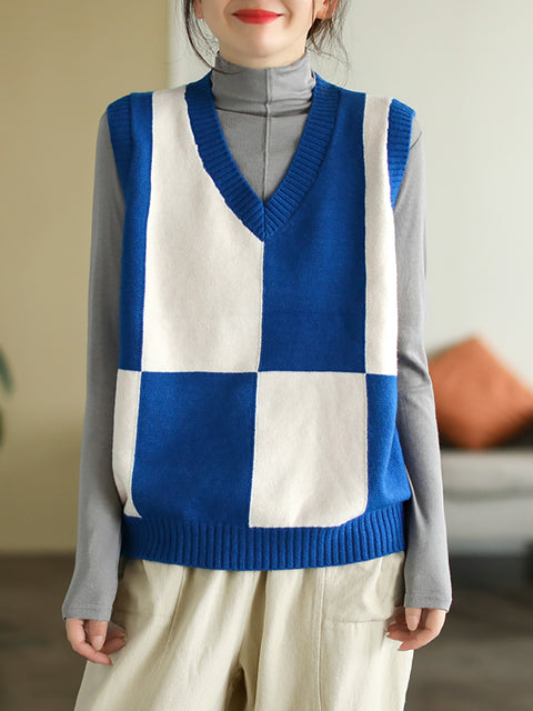 V-Neck Colorblock Plaid Sleeveless Vest Pullover Vest