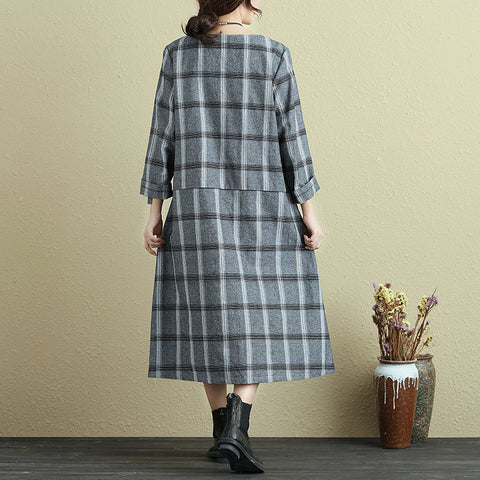 Round Neck Loose Casual Plaid Autumn Dress For Women - Buykud