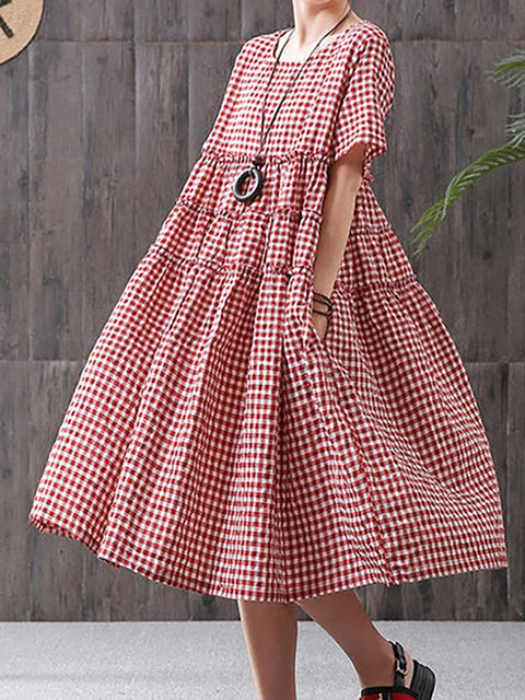 Plus Size 100%Cotton Short Sleeve Plaid Dress