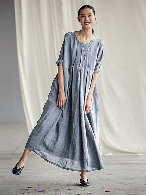 Plus Size Chinese Style Elegant Pleated Loose Linen Dress