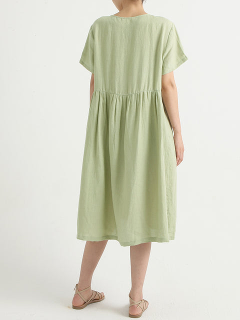 Plus Size Casual Linen Pleated Short Sleeve Loose Dress