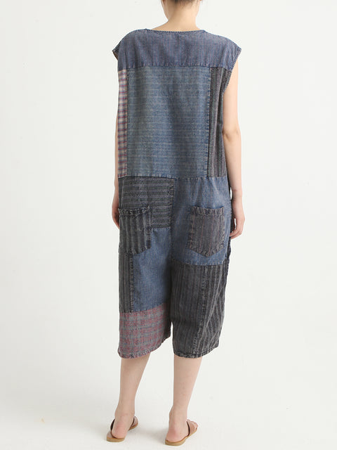 Denim Vintage Summer Patchwork Overalls Jumpsuit