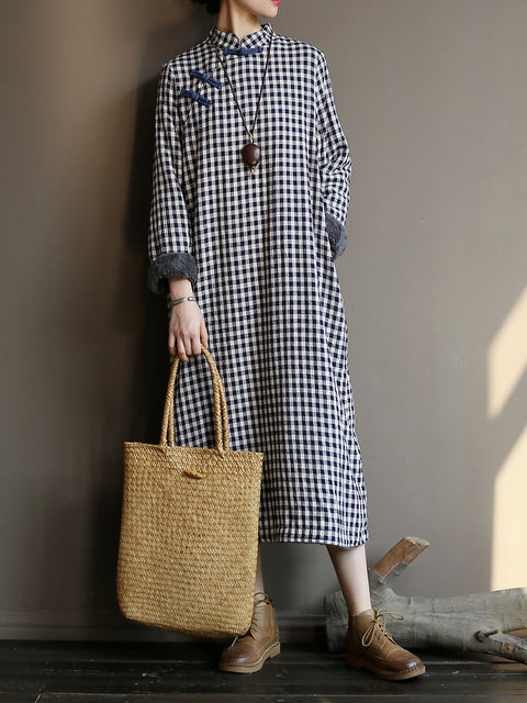 Chinese Style Women Winter Frog Thick Plaid Robe Dress