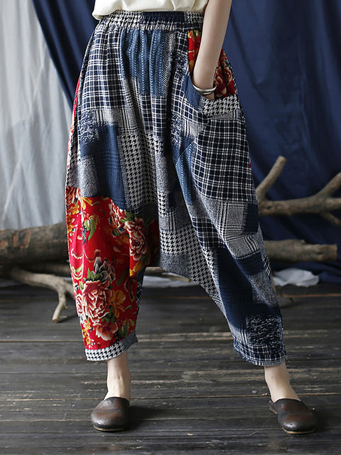 Plus Size Patchwork Plaid Women Casual Elastic Waist Pants