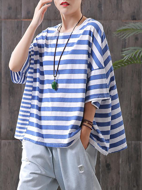 Plus Size - Buykud 100% Cotton Striped Casual T-Shirt