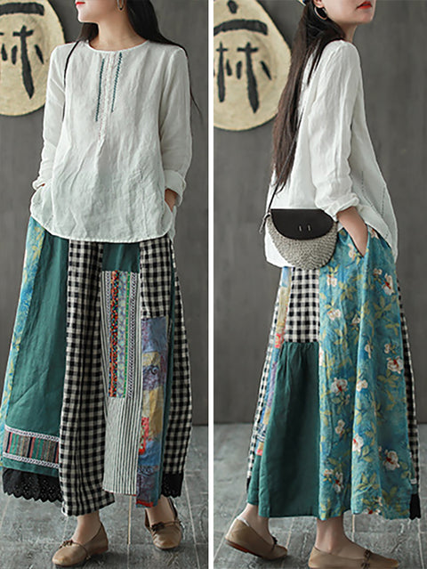 Plus Size  Irregular Print Spliced Casual 100% Linen A-line Skirt