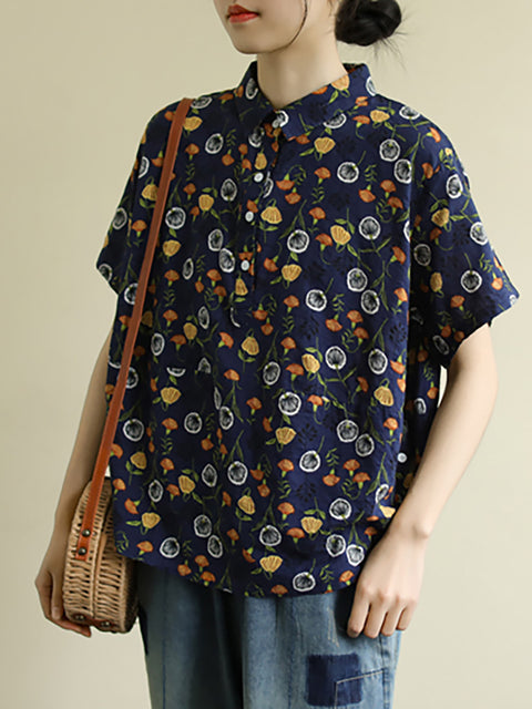 Plus Size - Summer Flower Print Thin Cotton Floral Shirt