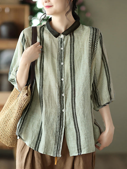 Plus Size Vintage Stripe Ramie Casual Summer Women Shirt