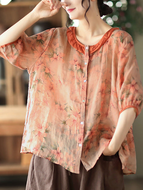 Plus Size Floral Ramie Vintage Summer Women Shirt