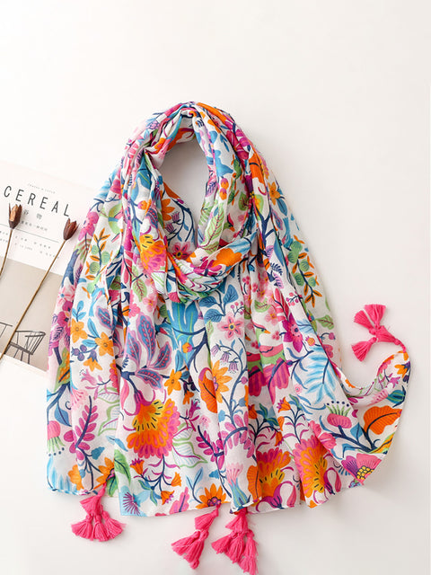 Polyester Tassel Floral Women Vintage Sunscreen Scarf