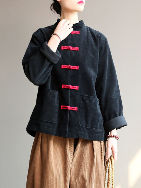 Women Winter Chinese Style Frog Corduroy Solid Pocket Coat