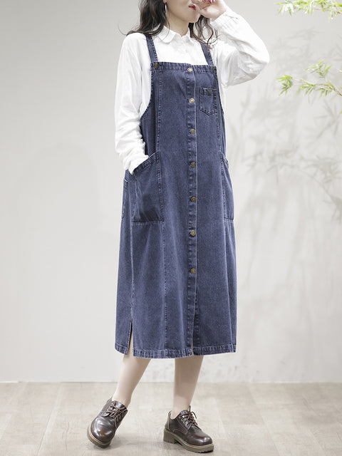 Women Casual Spliced Split Hem Pocket Overall Dress