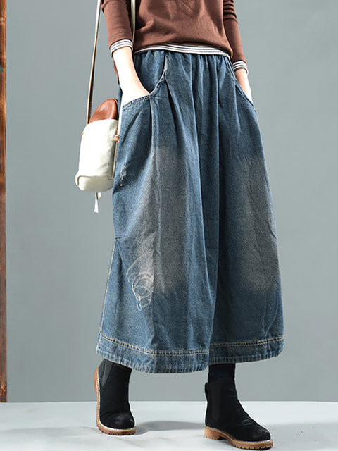 Women Retro Fade Pocket Elastic Waist Denim Skirt