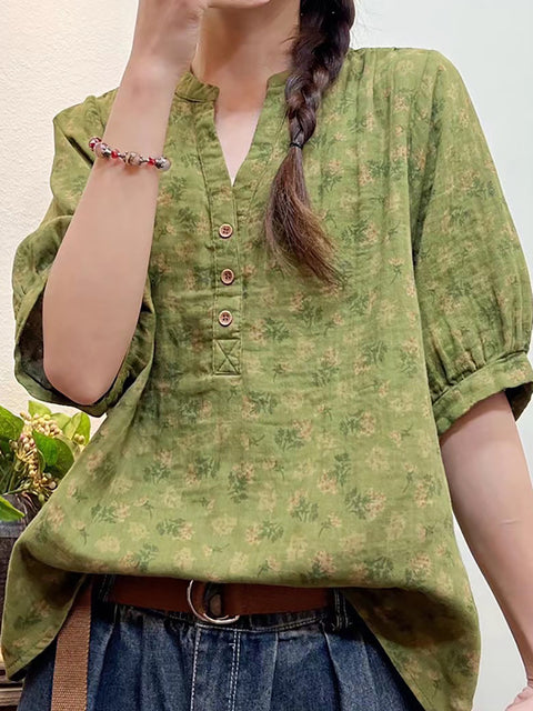 Plus Size Women Summer Artsy Floral Button Loose Shirt