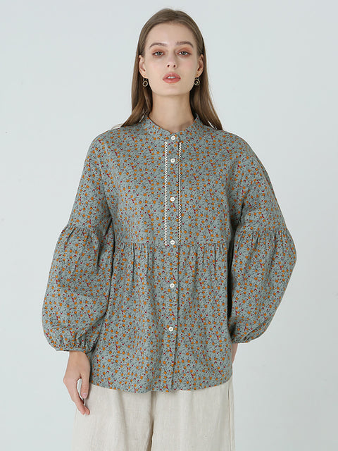 Plus Size Floral Prints Loose Long Sleeve Spring Women Shirt M-2XL