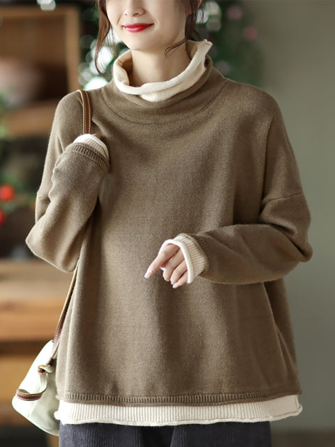 Plus Size Autumn Fake Two-Piece Colorblock Women Sweater