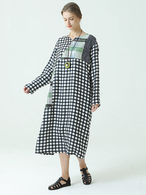 Plus Size Plaid Long Sleeve Loose Spring Casual Dress