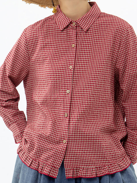 Plus Size Women Plaid Hand-Made Linen Cotton Loose Shirt