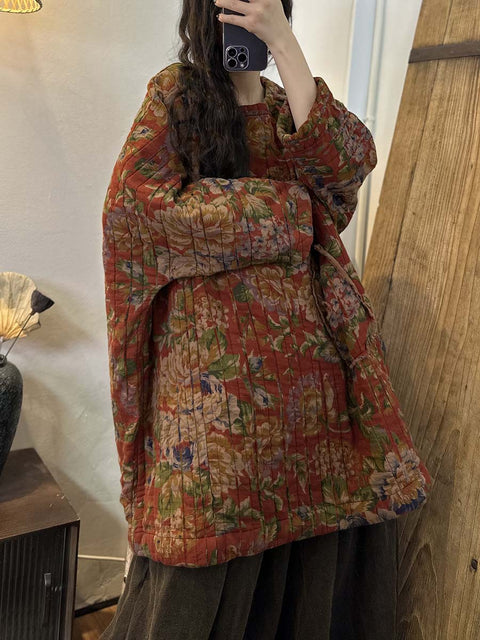 Plus Size Women Winter Ethnic Floral Print Pocket Loose Warm Coat