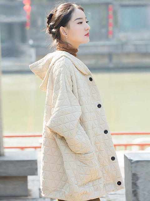 Plus Size Women Winter Casual Button Pocket Hooded Coat