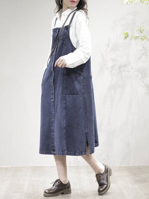 Women Casual Spliced Split Hem Pocket Overall Dress